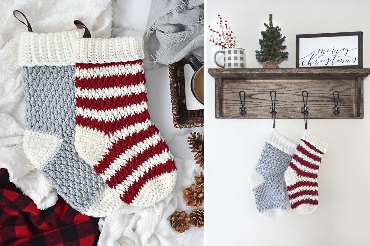 Two pictures of christmas stockings hanging on a shelf.