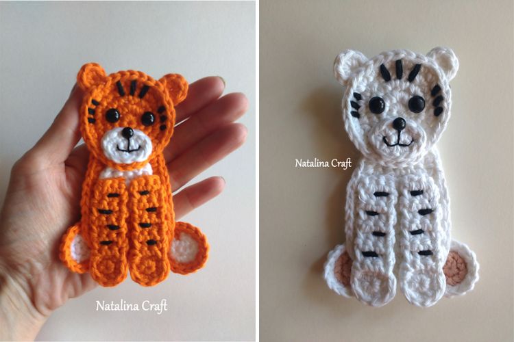 Two pictures of crocheted tiger amigurumi.