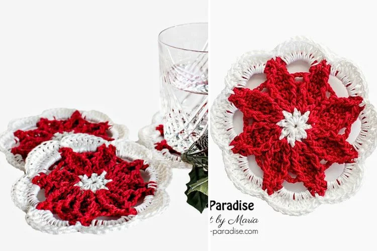 A set of crocheted coasters with red and white flowers.