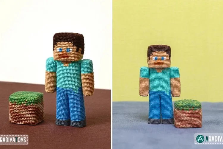 Two pictures of a minecraft figure.