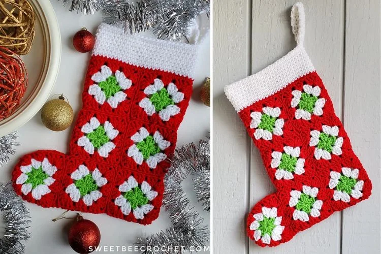 Two pictures of crocheted christmas stockings.