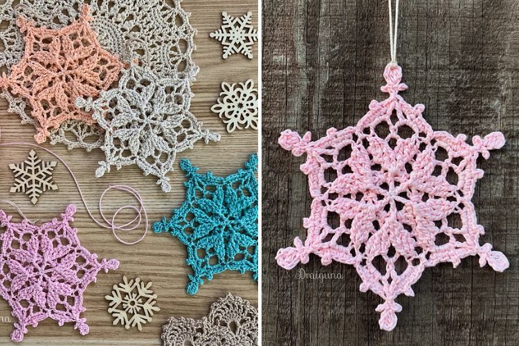 Crocheted snowflake ornaments on a wooden board.