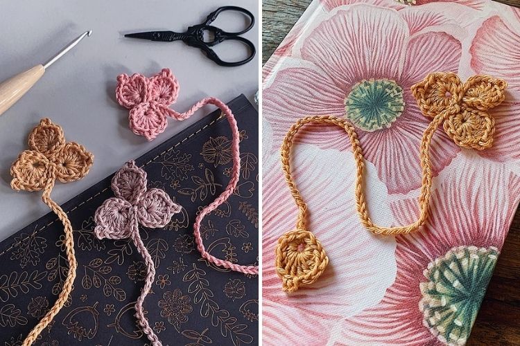 Two pictures of a crocheted bookmark and scissors.