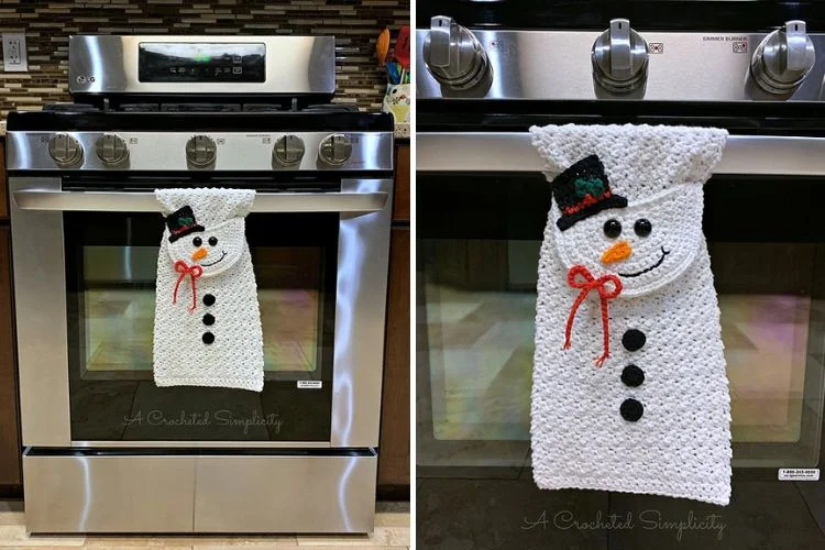 Two pictures of a snowman hanging on a stove.