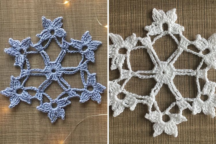 Two pictures of a crocheted snowflake.