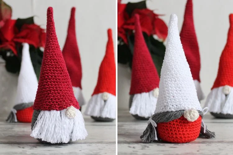 Scandinavian Christmas gnomes with red and white hats.