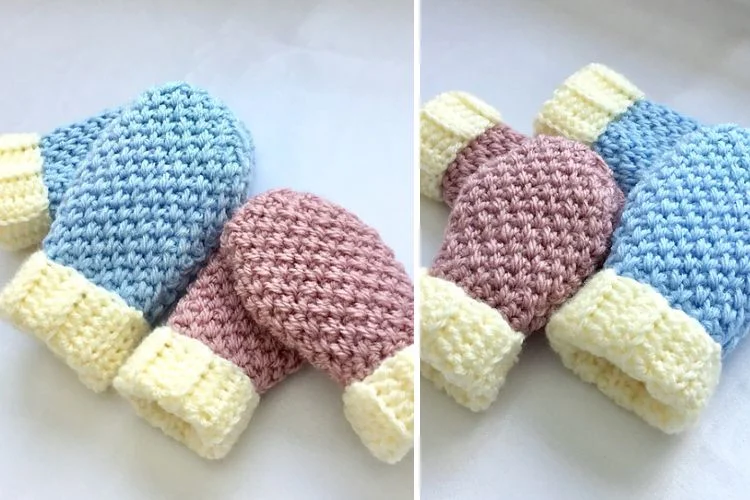 Two pictures of knitted mittens with different colors.