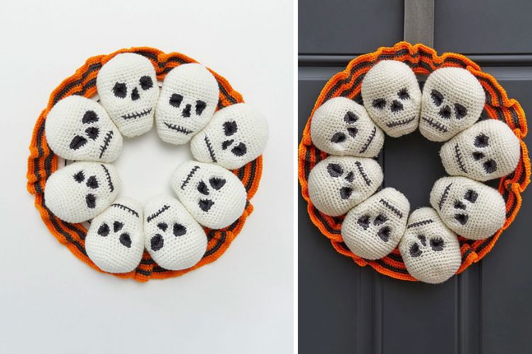 A crochet skull wreath on a door.