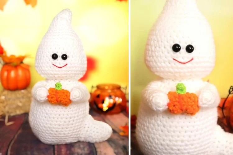 Two pictures of a crocheted ghost holding a pumpkin.