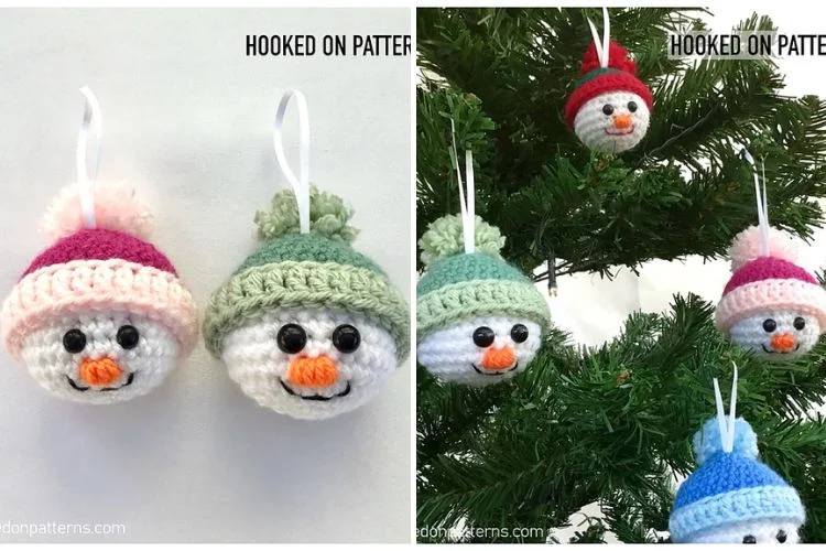 a set of crochet Christmas tree baubles shaped like a snowman's head