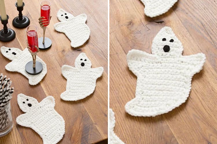 Crocheted ghost coasters on a wooden table.