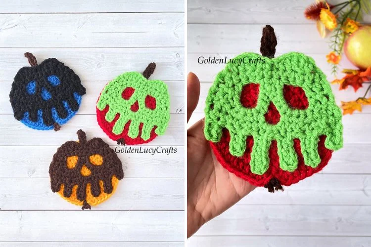 a set of Halloween crochet apple appliques in different colors