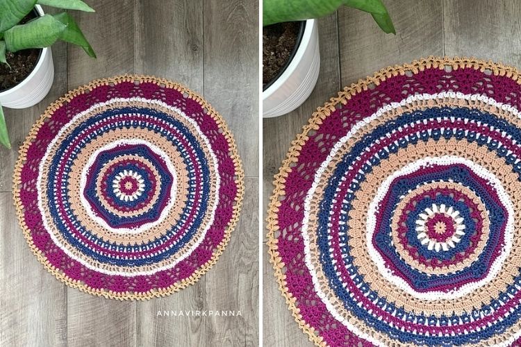 a crochet mandala in purple colors