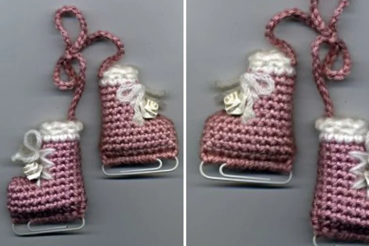 A pair of crocheted boots and a necklace.