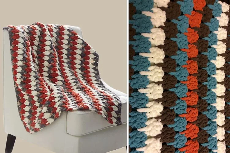 Two pictures of a crocheted afghan on a chair.