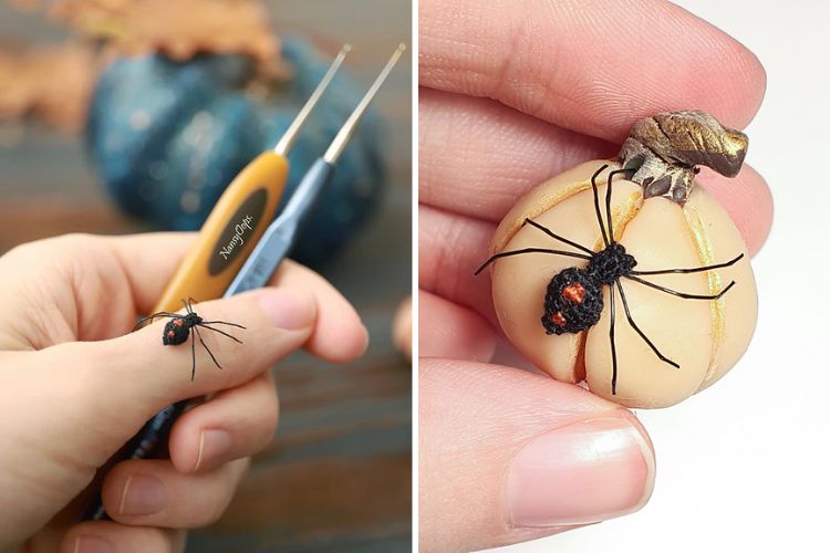 A person is holding a pumpkin with a spider on it.