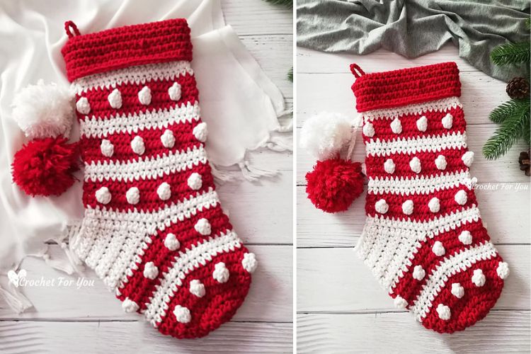 Two pictures of a crocheted christmas stocking with pom poms.