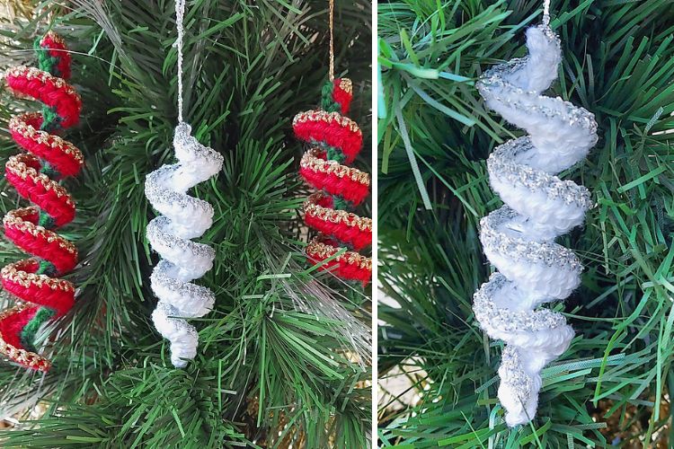 Two pictures of christmas ornaments hanging on a tree.