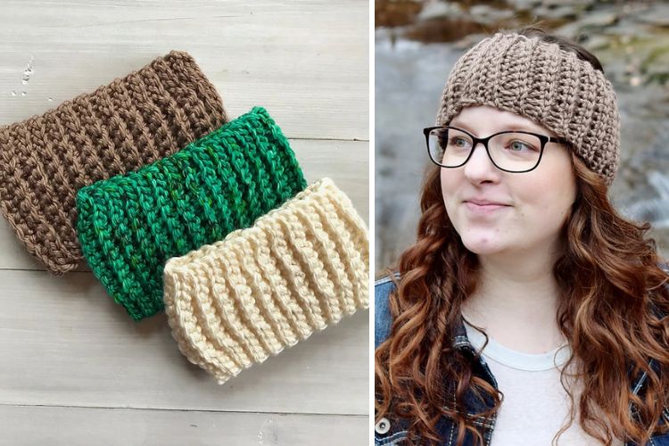 Two pictures of a woman wearing a knitted headband.