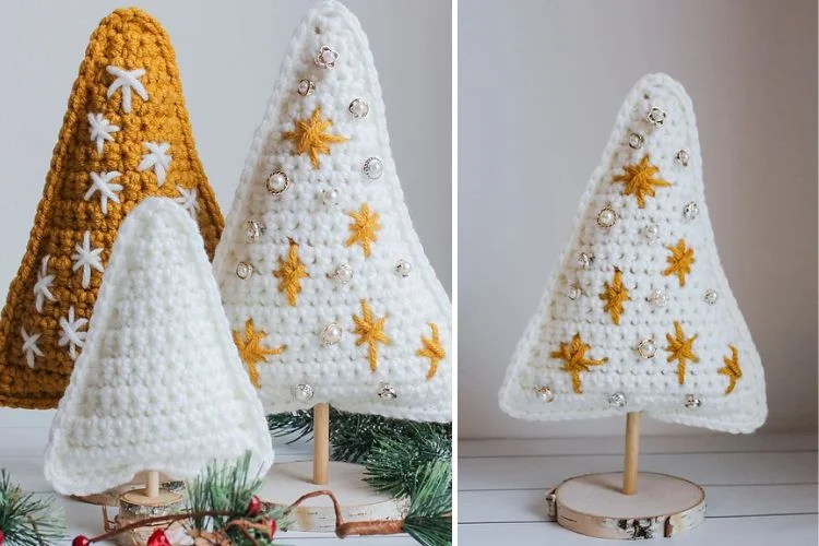 Three crocheted christmas trees on a wooden stand.