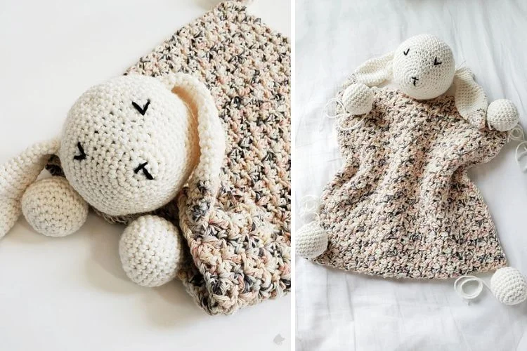 Two pictures of a crocheted bunny laying on a bed.