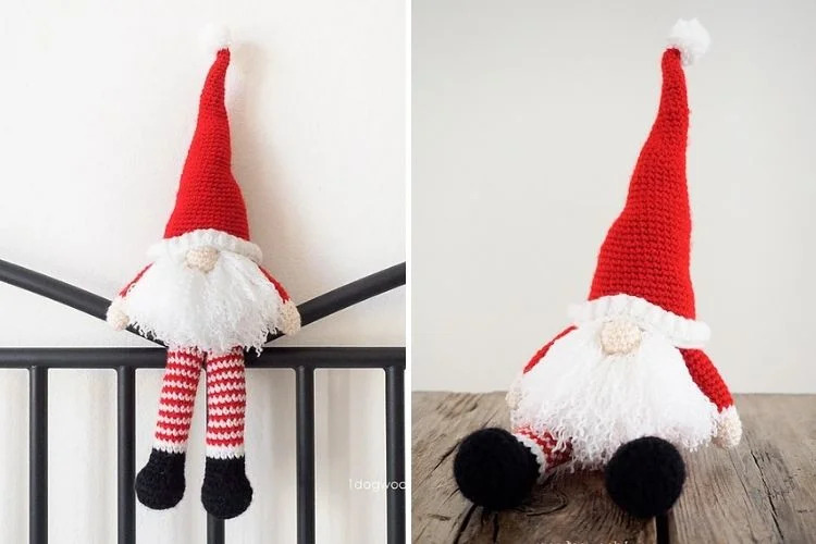 Two pictures of a crocheted santa claus.