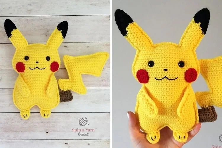 Two pictures of a crocheted Pikachu Amigurumi.