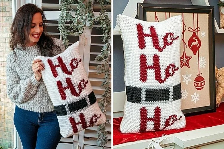 A woman is holding a pillow with a santa claus on it.