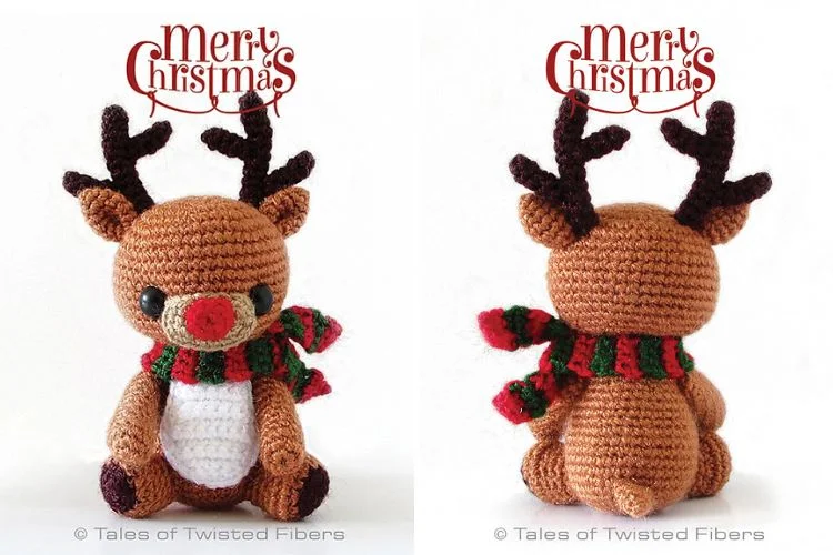 Two pictures of a crocheted reindeer wearing a scarf.