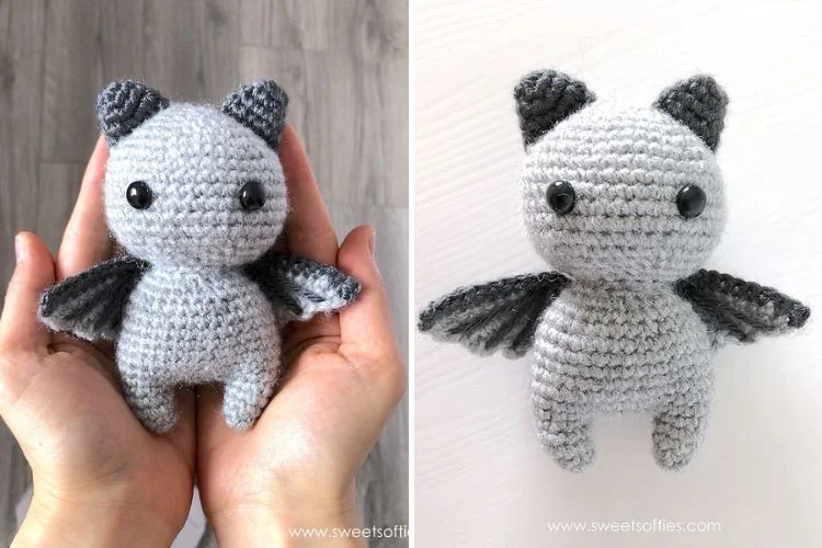 Two pictures of a crocheted bat amigurumi.