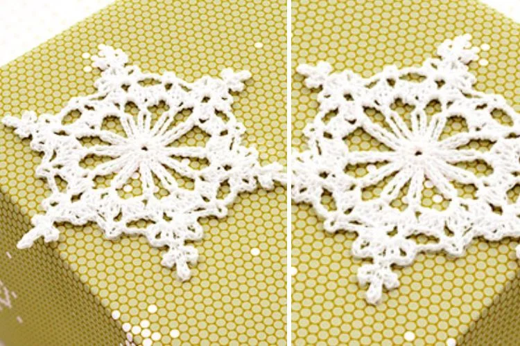 Two pictures of a crochet snowflake on a gift box.