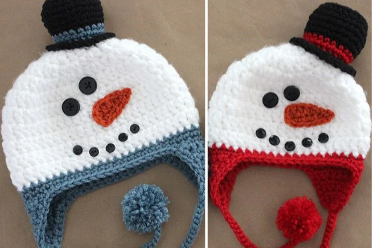 Two pictures of crocheted snowman hats.