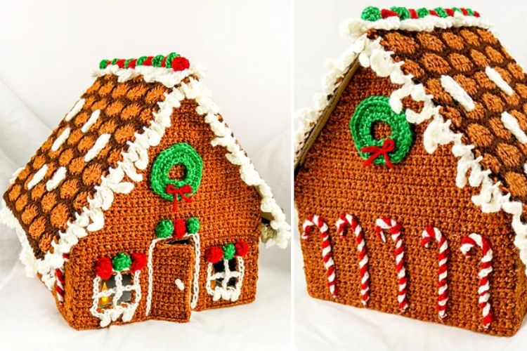 Two pictures of a crocheted gingerbread house.