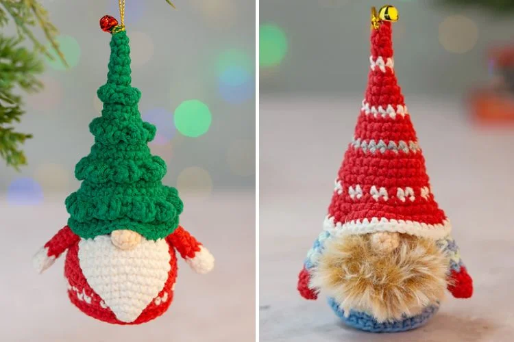 Two pictures of crocheted gnome ornaments hanging on a tree.