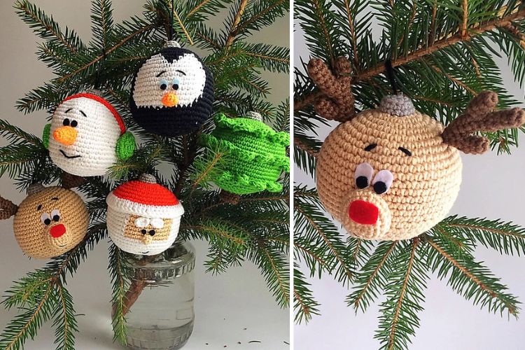 a set of crochet Christmas tree ornaments shaped like a snowman, Santa Claus, reindeeer, penguin, and Christmas tree