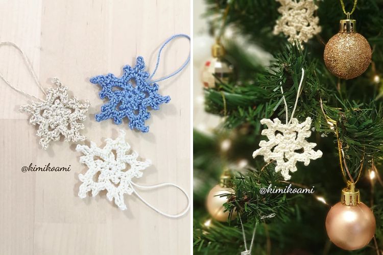 Crochet snowflake ornaments on a christmas tree.