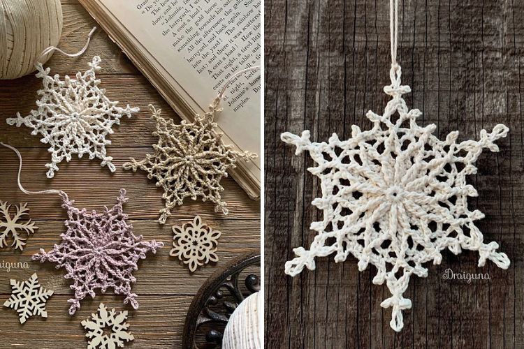 Crocheted snowflake ornaments on a wooden table.