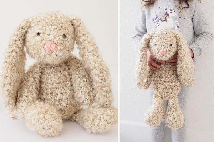 Two pictures of a little girl holding a crocheted bunny.