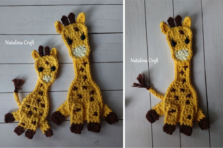 Two pictures of knitted giraffes.