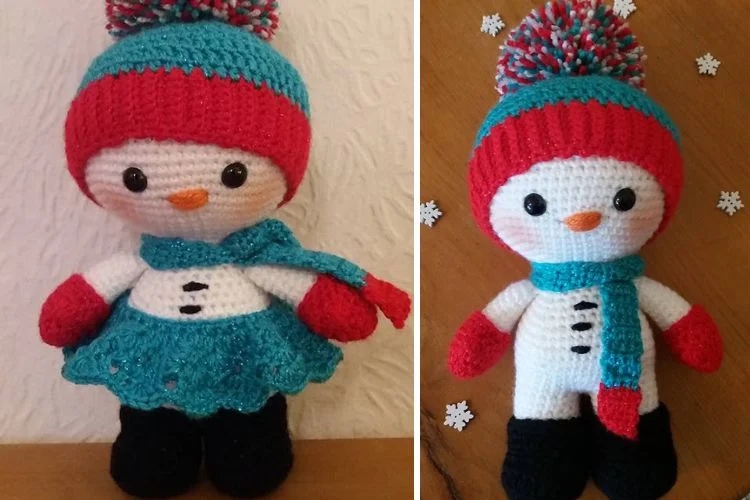 Two pictures of a crocheted snowman.