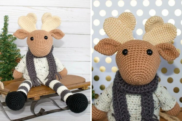 Two pictures of a crocheted moose sitting on a sled.