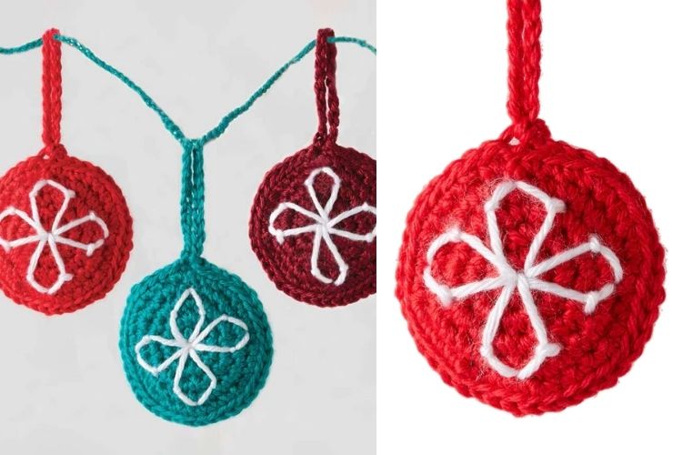 Crocheted christmas ornaments in red, blue and white.