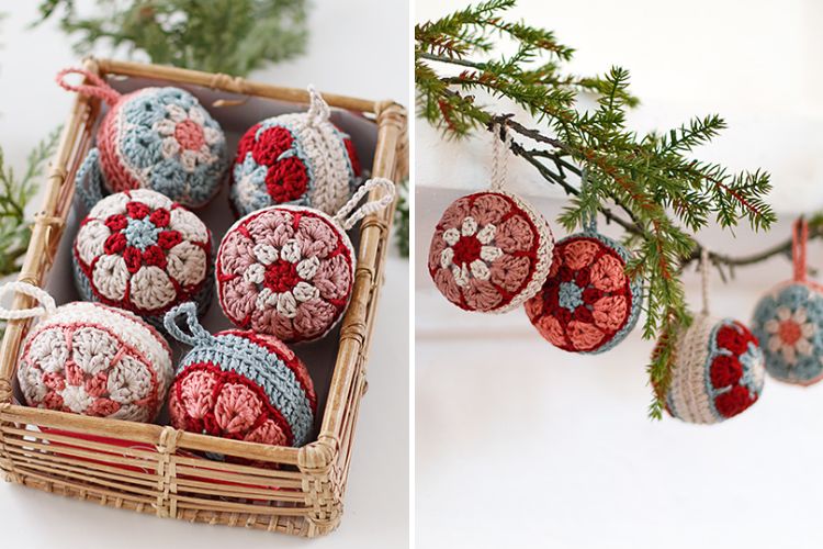 Crocheted christmas ornaments hanging from a wicker basket.