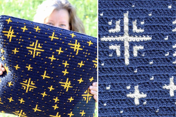 a dark blue crochet pillow case with a mosaic design featuring stars in yellow color