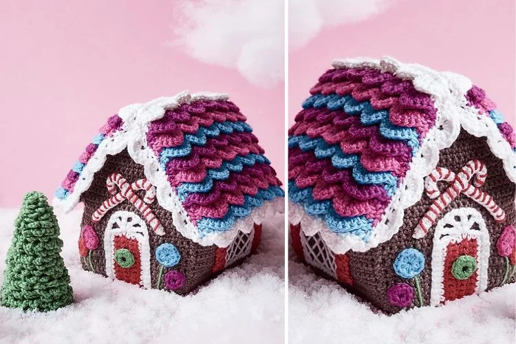 Two pictures of a crocheted gingerbread house.