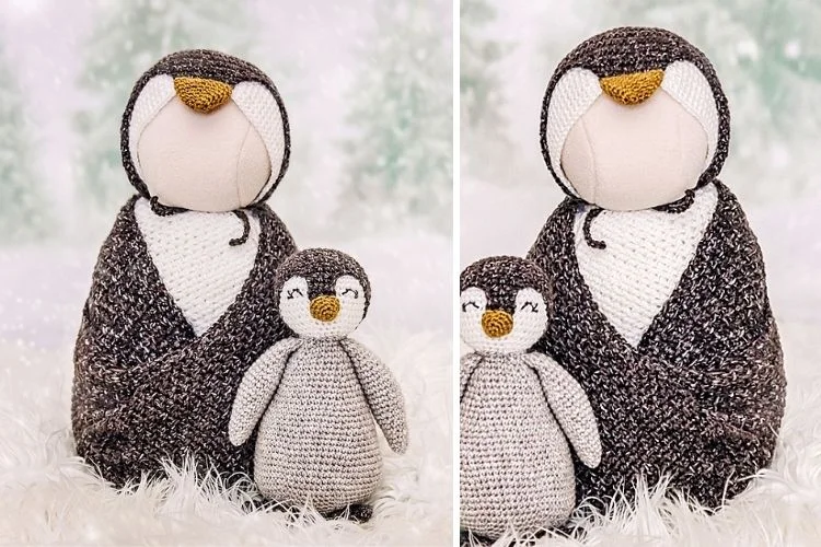 Two pictures of a knitted penguin and a baby penguin.