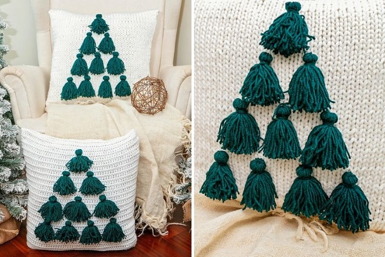 A pillow with tassels and a christmas tree.