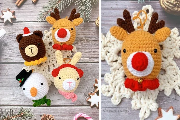 Crocheted Christmas ornaments with reindeer and Santa