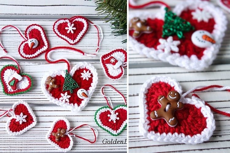 Crochet heart ornaments on a wooden table.