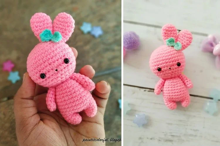 Two pictures of a crocheted pink bunny.